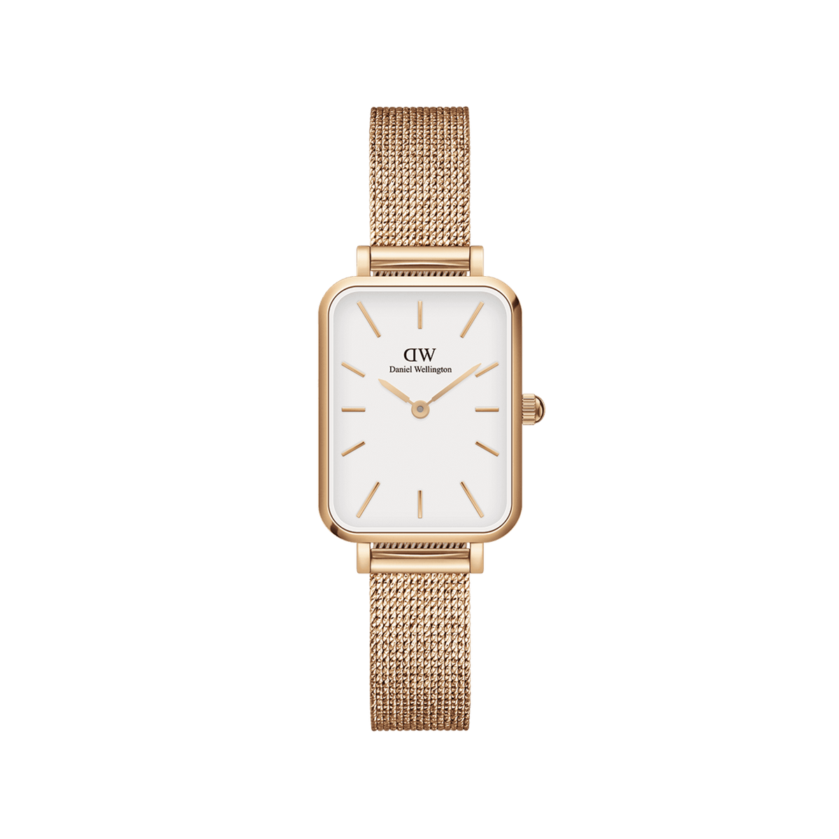 Elegant ladies' watch with a rectangular rose gold case, white dial, and fine mesh strap.