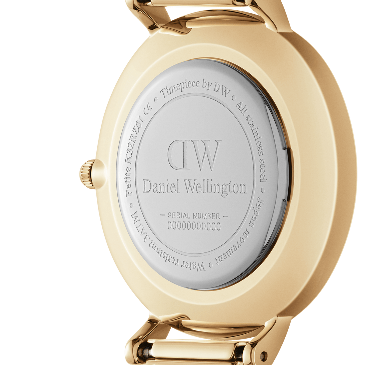 Back of the gold-coloured case of the Petite Sheffield Gold women's watch with engraved Daniel Wellington logo and serial number.