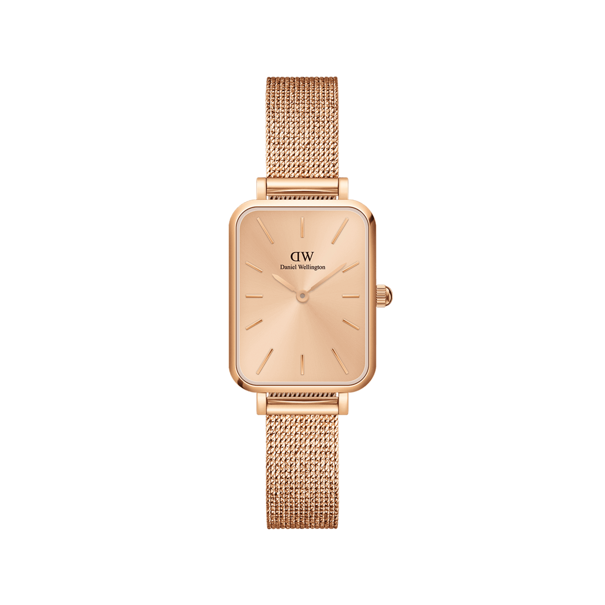 Elegant women's watch in rose gold with a rectangular case, minimalist dial and fine stainless steel mesh strap.