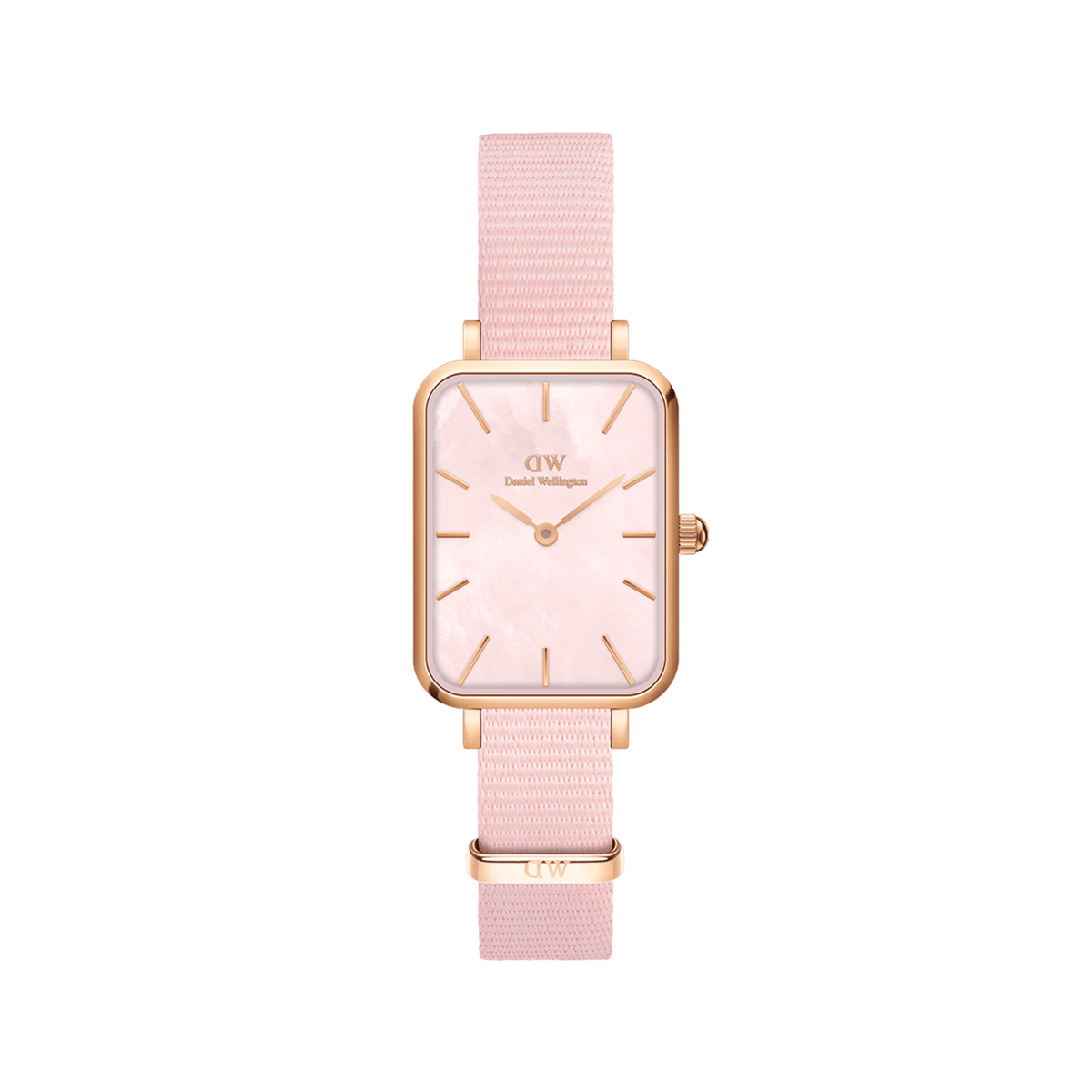 Rectangular ladies' watch in rose gold with a delicate pink fabric strap and shimmering mother-of-pearl dial.