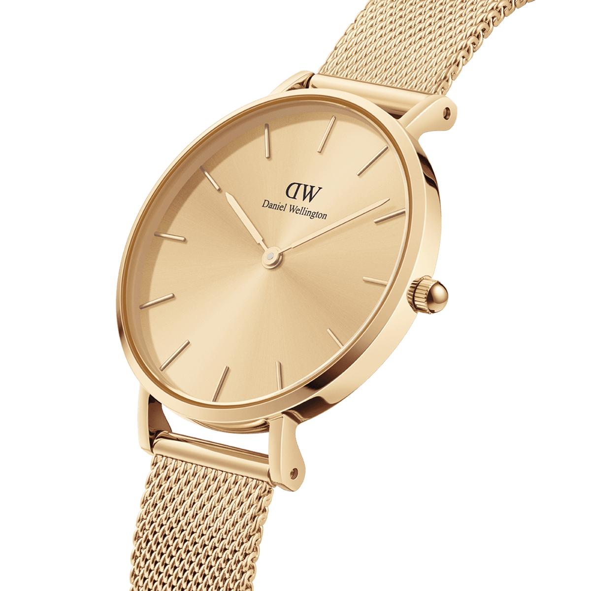 Close-up view of the Daniel Wellington Petite Unitone women's watch with a gold-coloured dial and delicate mesh strap made of stainless steel.