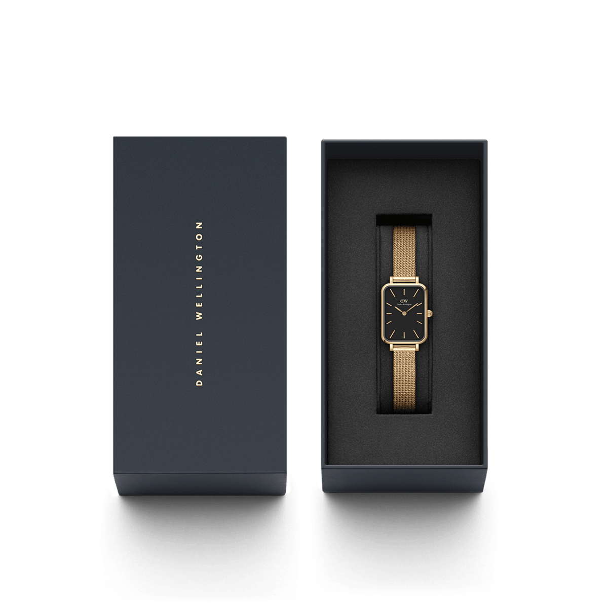 The Quadro Pressed Evergold ladies' watch with rectangular case and gold-coloured mesh strap is elegantly presented in a high-quality Daniel Wellington gift box.