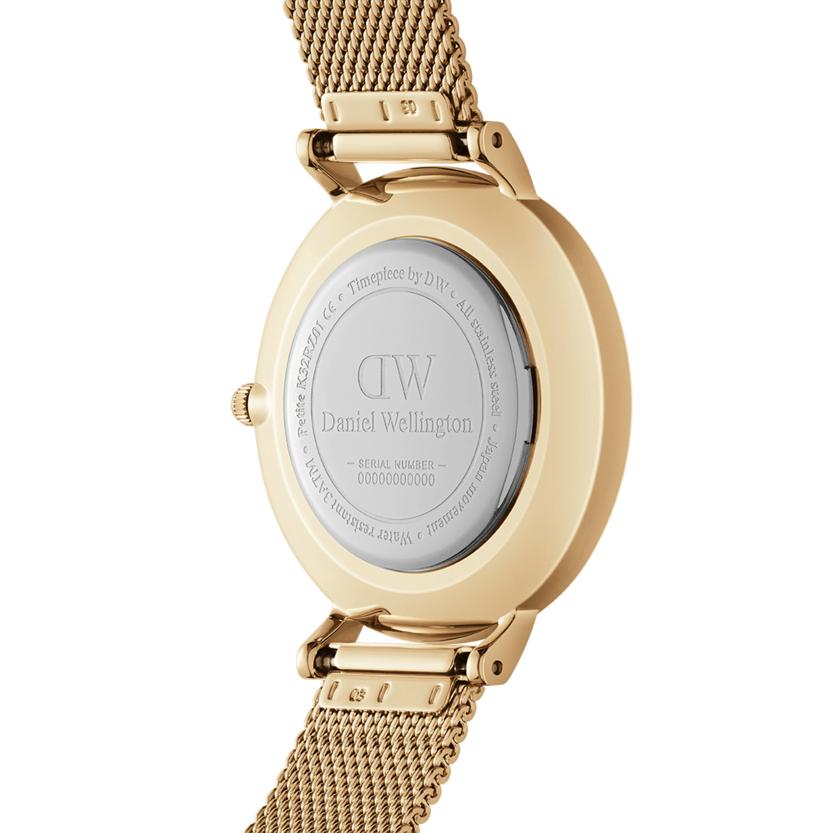 Close-up view of the case back of the gold Daniel Wellington Petite Unitone women's watch with engraved logo and mesh strap.