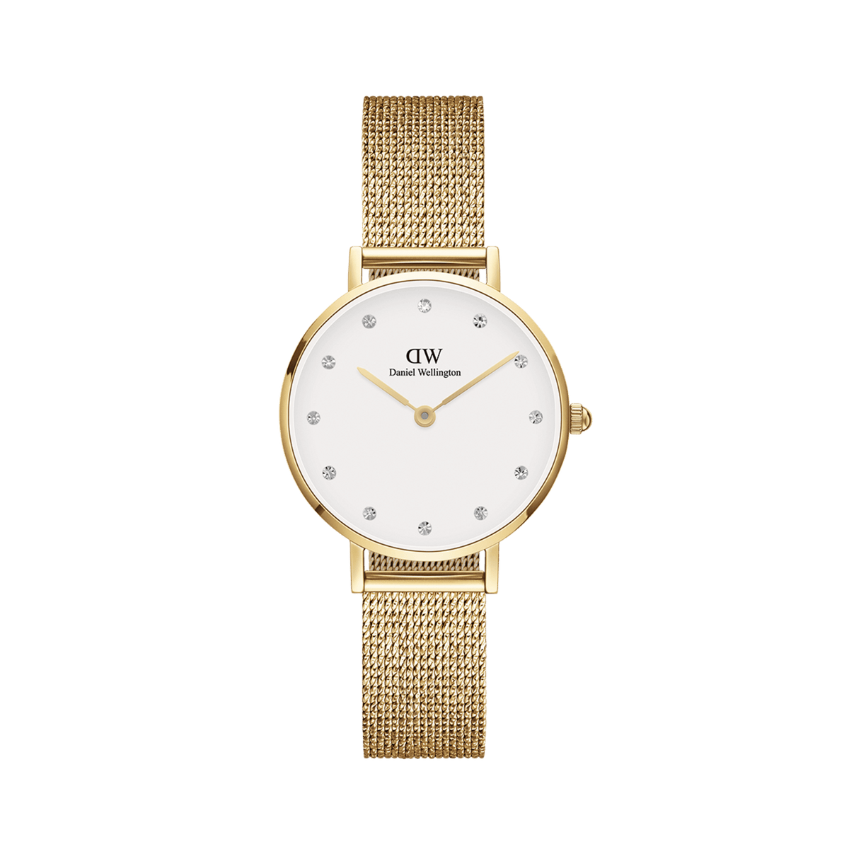Elegant women's watch with gold-coloured mesh strap, white dial and sparkling crystal indices.