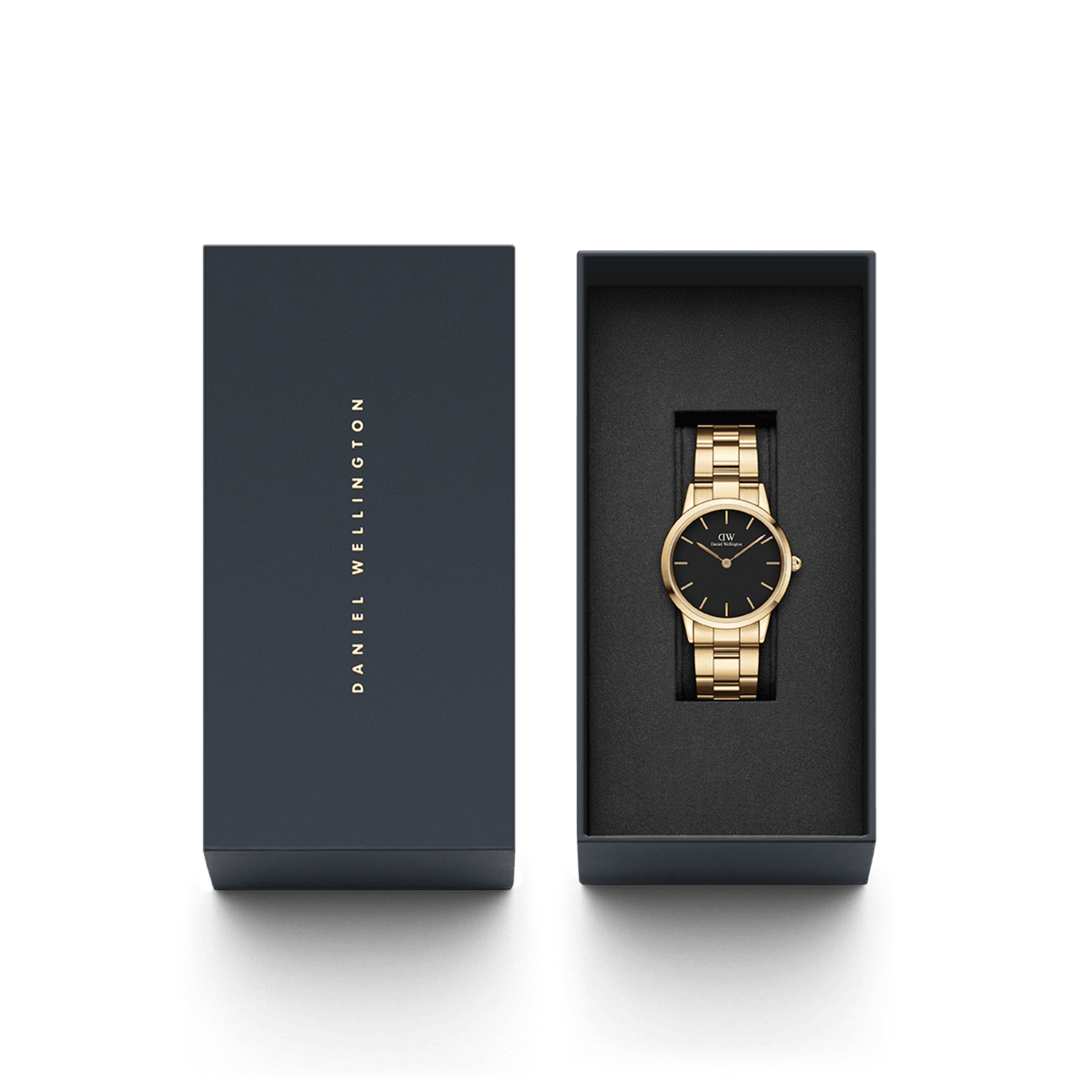 The Iconic Link Gold women's watch by Daniel Wellington with a black dial and gold-coloured stainless steel strap in an elegant gift box.
