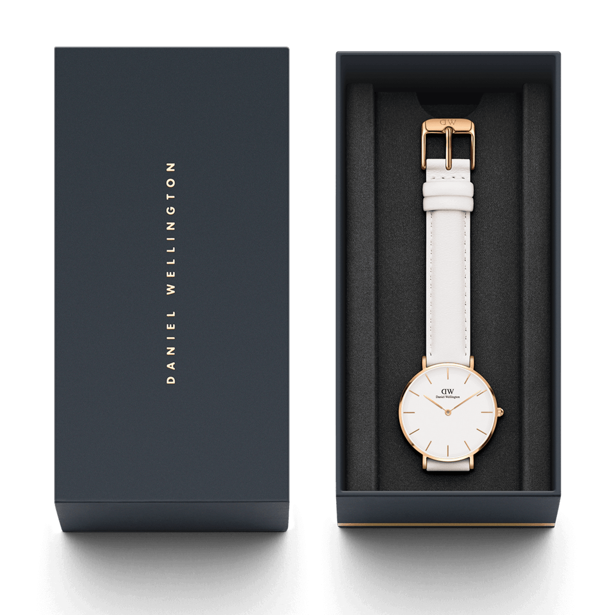 The Petite Bondi Rose Gold ladies' watch with white leather strap and rose gold case is presented in an elegant Daniel Wellington gift box.