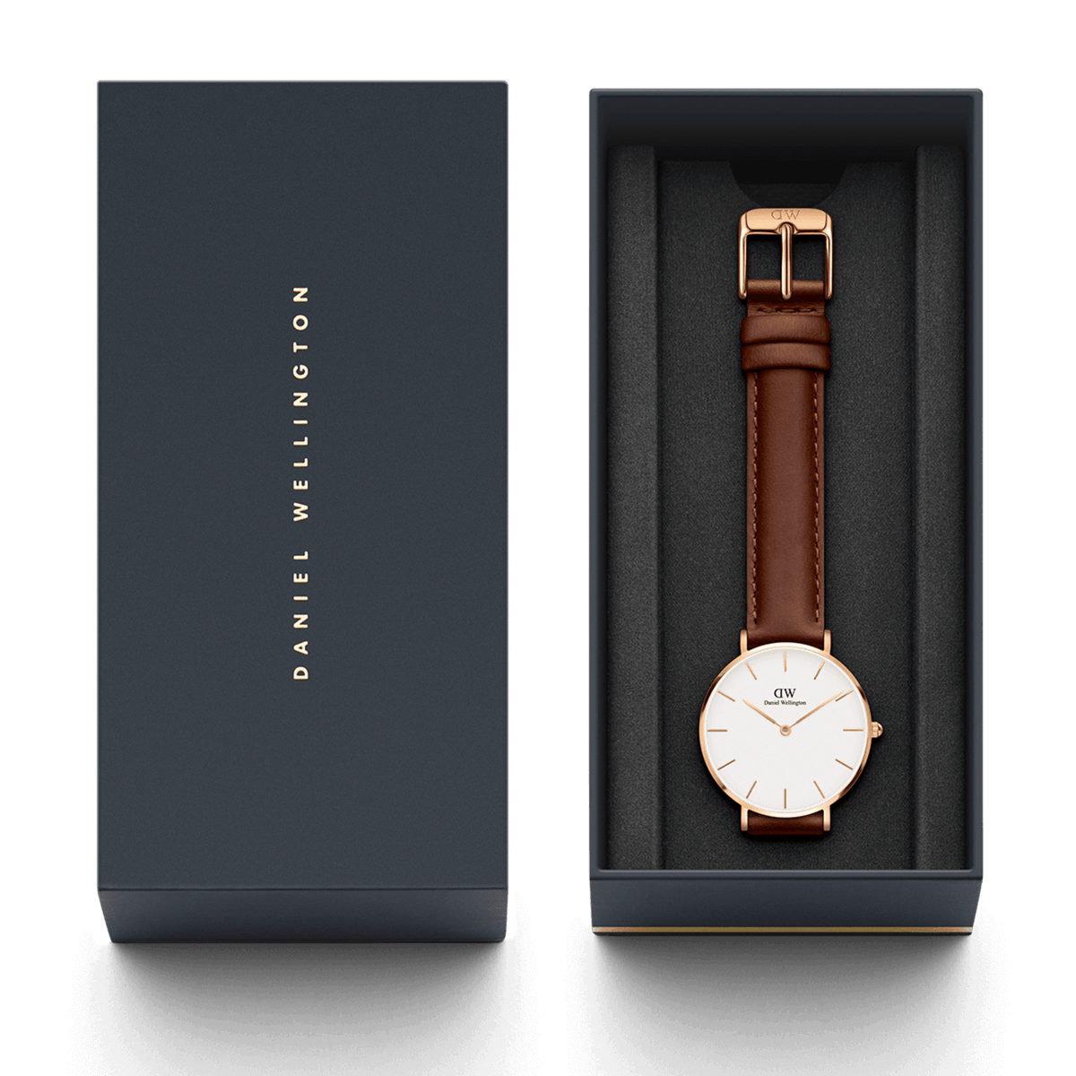 Petite St Mawes women's watch with brown leather strap and rose gold case in an elegant Daniel Wellington gift box.