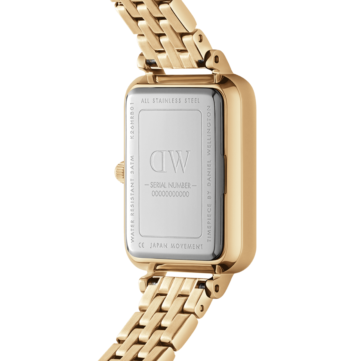Back view of the Quadro 5-Link Evergold ladies' watch with an engraved stainless steel case back, gold-coloured case, and 5-link bracelet.