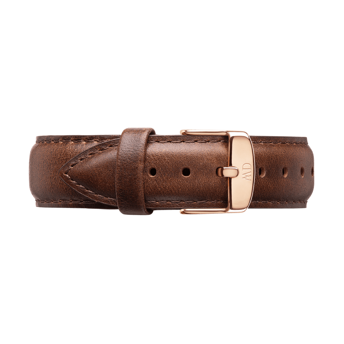 Dark brown leather strap of the Daniel Wellington Classic Bristol with a rose gold pin buckle and fine stitching.