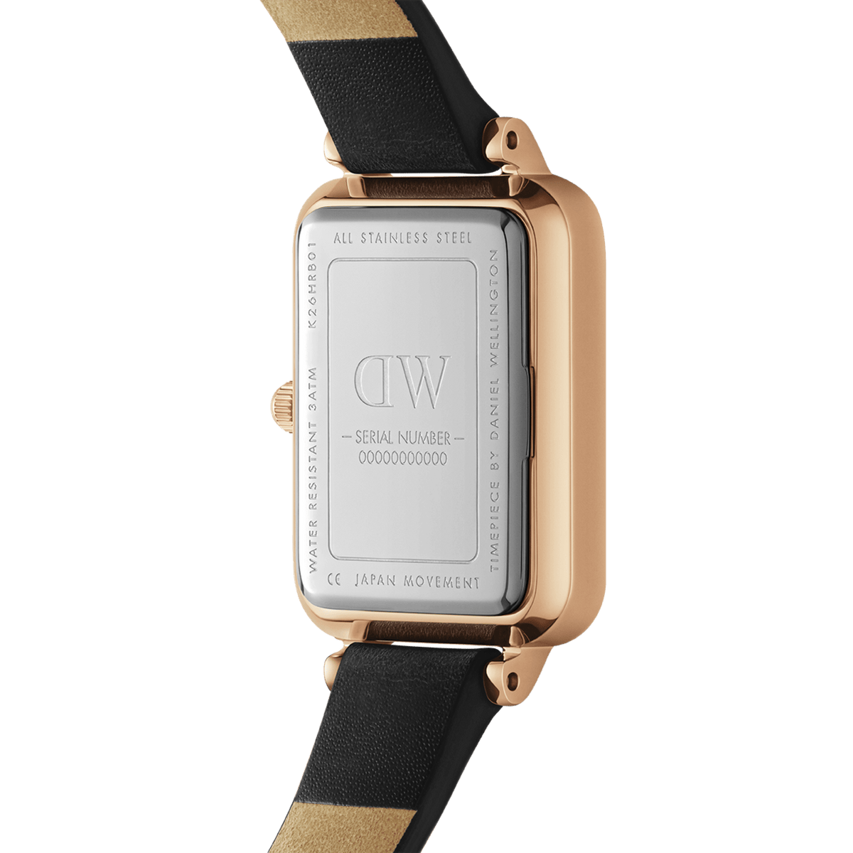 Back of the Quadro Pressed Sheffield women's watch with engraved stainless steel case back, rose gold case, and black leather strap.