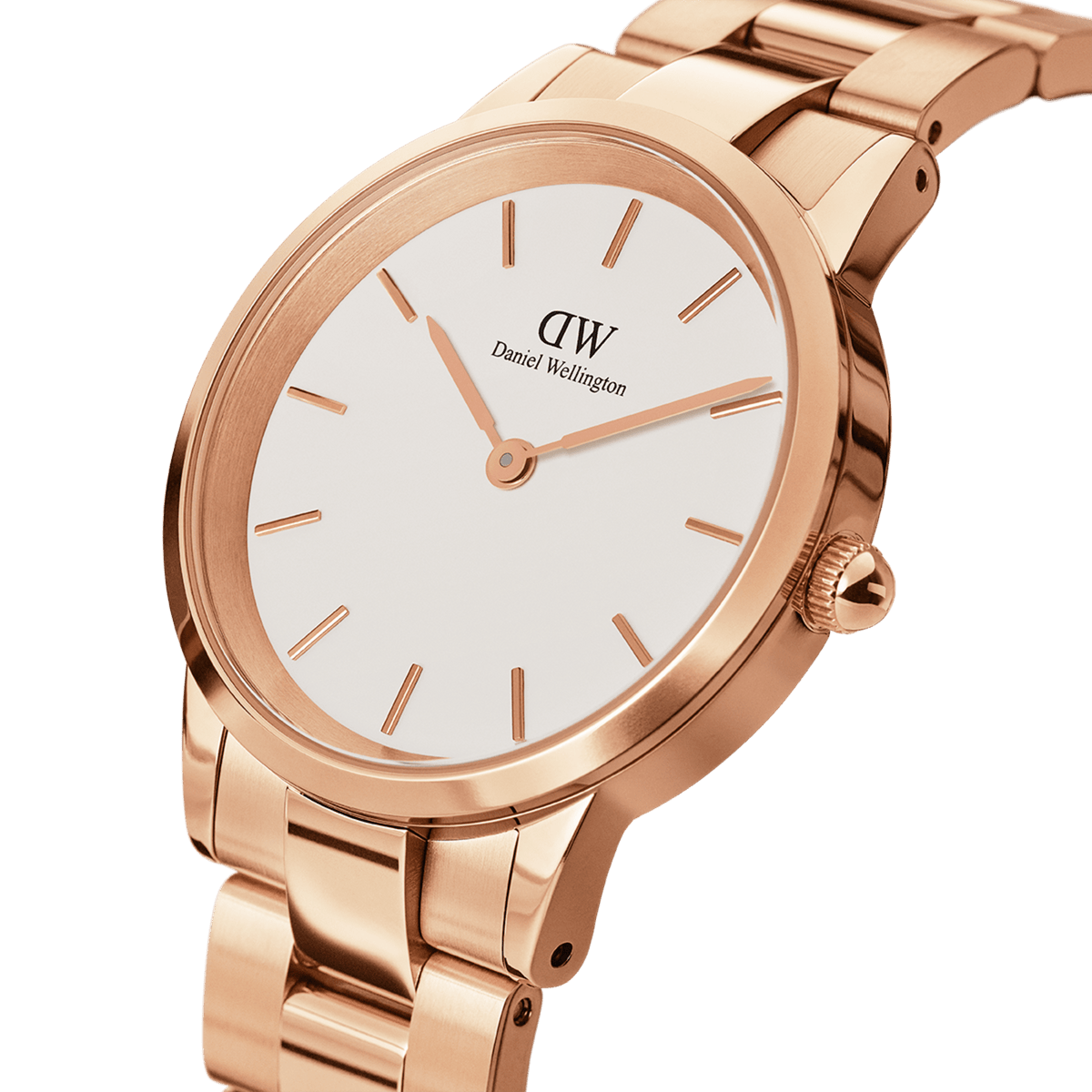 Close-up view of the Daniel Wellington Iconic Link women's watch in rose gold with a white, minimalist dial and polished stainless steel strap.