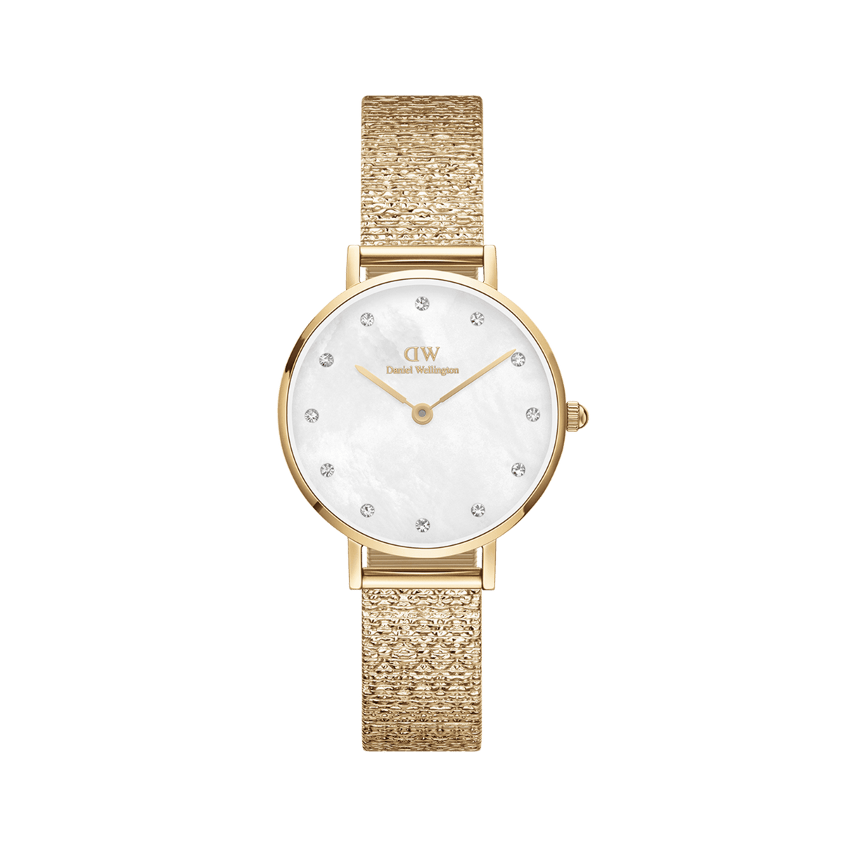 Elegant gold women's watch with a round case, white mother-of-pearl dial and sparkling crystal indices, combined with a delicate pressed piano link bracelet in gold.