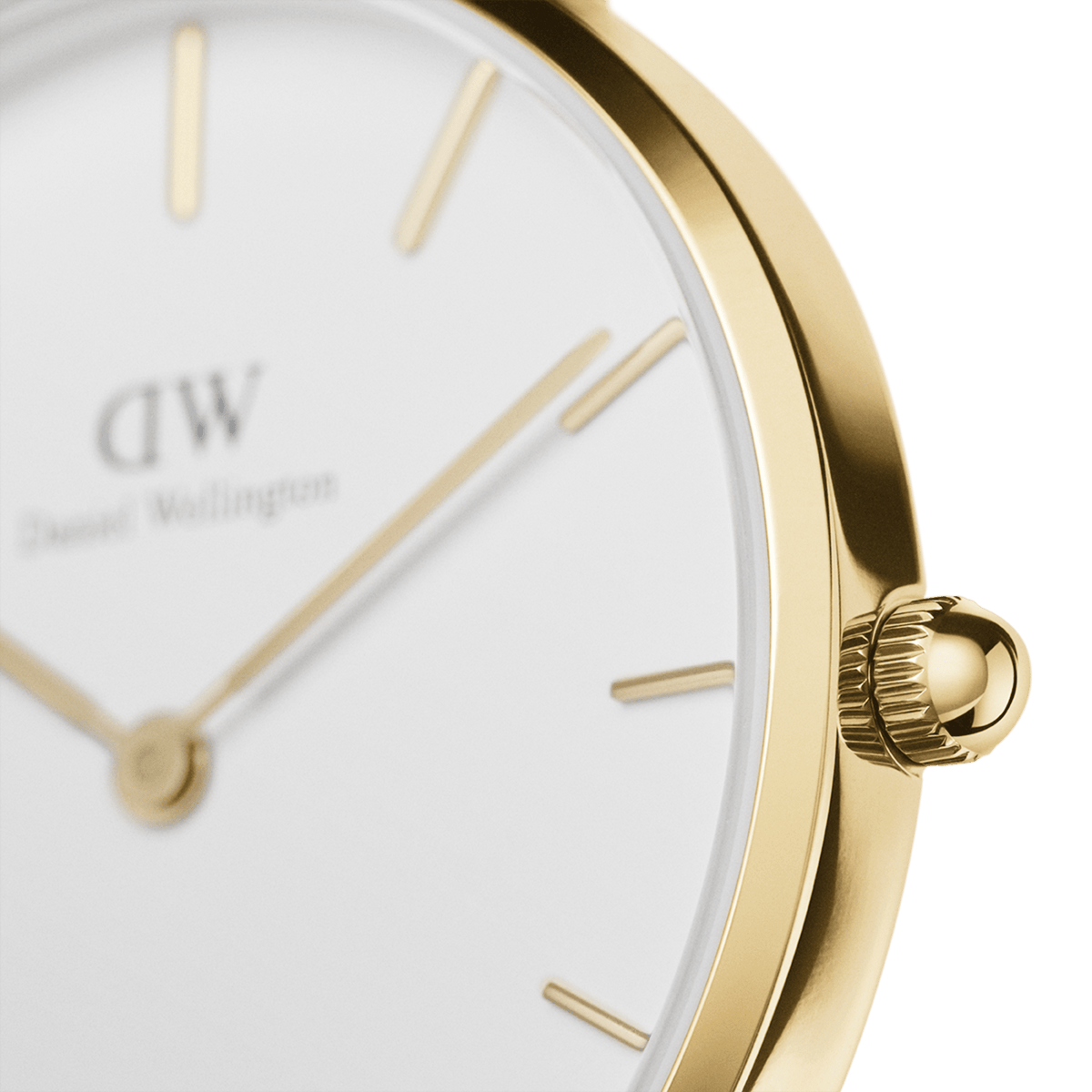 Close-up of the gold-coloured stainless steel case of the Petite St Mawes Gold ladies' watch with eggshell white dial and slim gold hands.