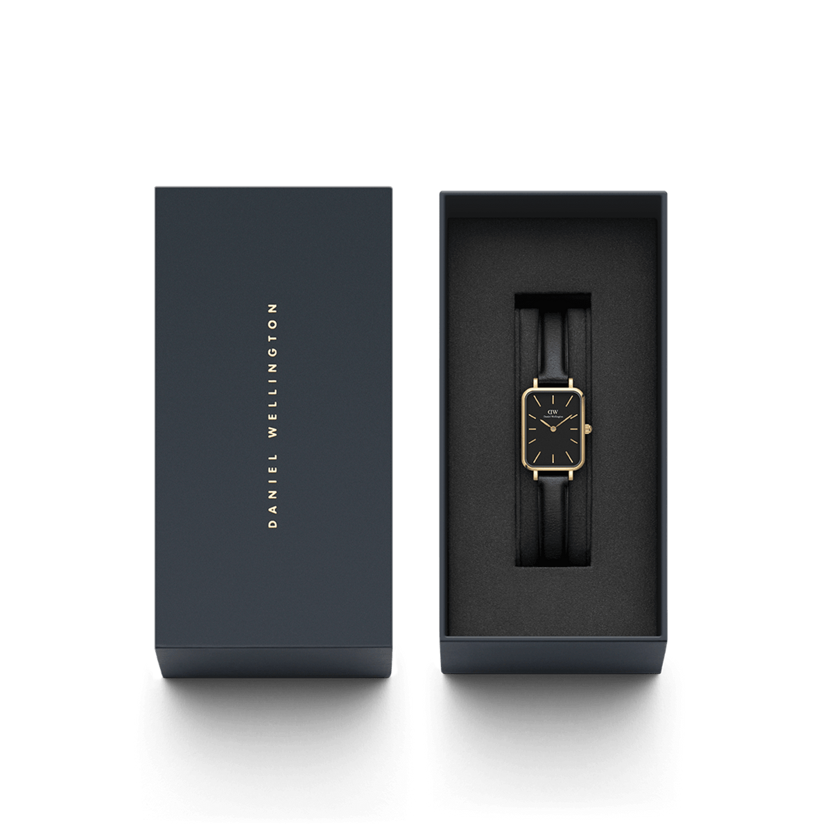 Quadro Pressed Sheffield Gold women's watch with black leather strap in an elegant Daniel Wellington gift box.