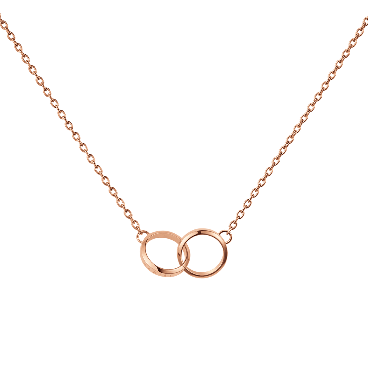 Delicate rose gold necklace with two interlinked rings as a pendant, symbolising connection and timeless elegance.