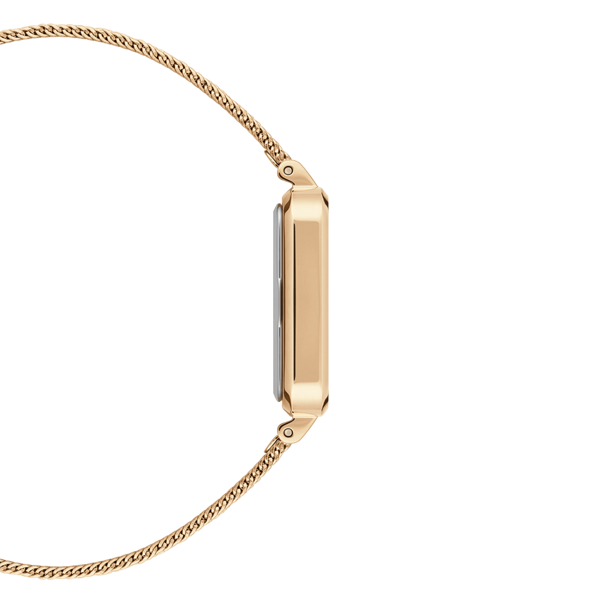 Side view of the Quadro Pressed Melrose Emerald women's watch with a slim rectangular rose gold case and fine mesh strap.