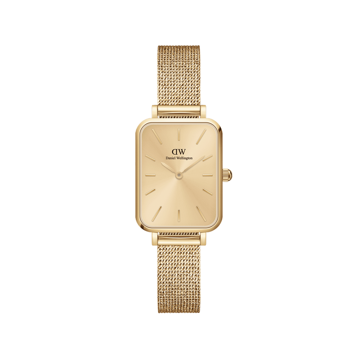 Rectangular, gold ladies' watch with a minimalist dial and a fine mesh stainless steel strap.