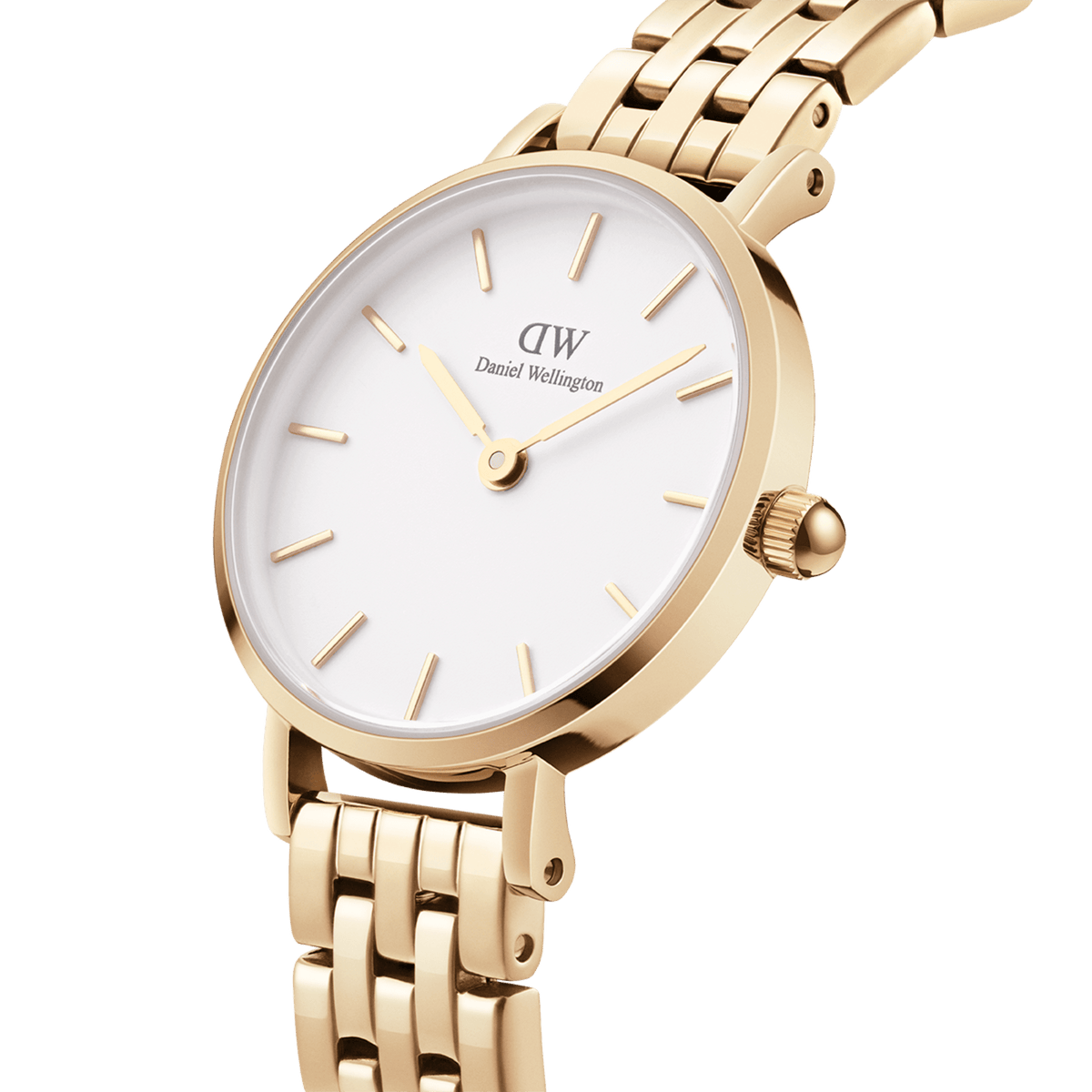 Close-up view of the gold-coloured Petite 5-Link Evergold women's watch with a white dial, slim case, and classic 5-link stainless steel bracelet.