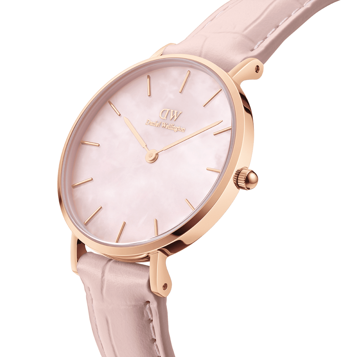 Close-up view of the Daniel Wellington Petite Rouge ladies' watch with a rose gold case, pink mother-of-pearl dial, and elegant nude-pink leather strap with crocodile embossing.