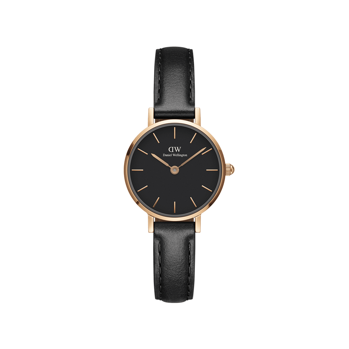 Reloj femenino Petite Pressed Sheffield Black Rose Gold con esfera negra minimalista, caja de 24 mm en oro rosa y correa de piel negra sobre fondo blanco.