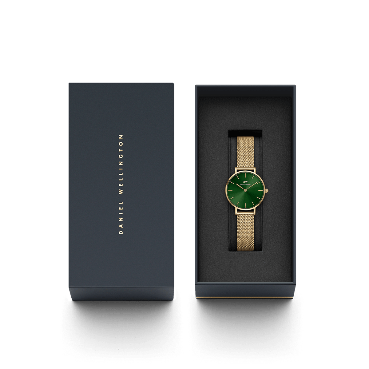 The Daniel Wellington Petite Emerald women's watch with gold-coloured mesh strap and green dial is elegantly presented in a black gift box.