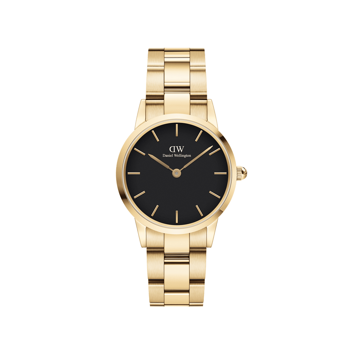 Elegant women's watch with a gold-coloured stainless steel strap and a black dial in a minimalist design.
