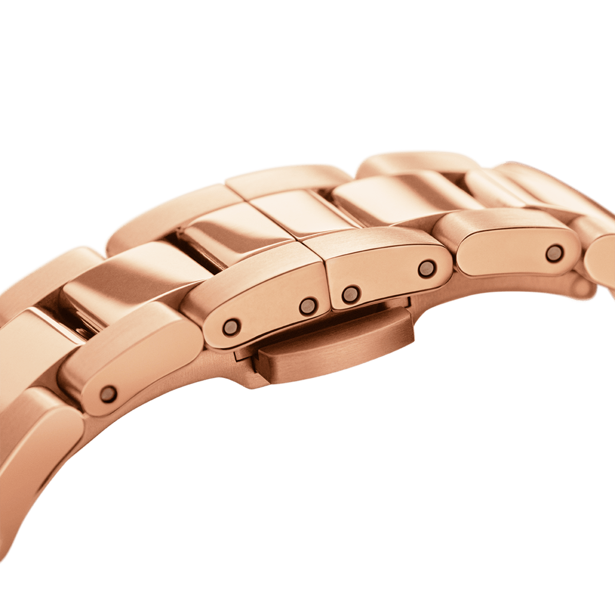 Close-up of the rose gold stainless steel link bracelet with a polished finish and secure clasp of the Daniel Wellington Iconic Link ladies' watch.