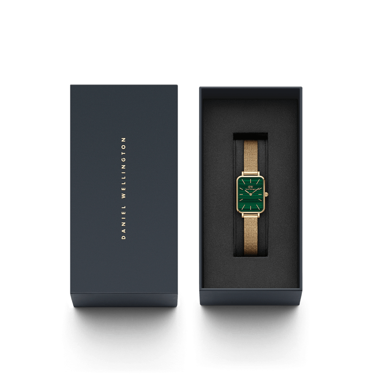 The Quadro Pressed Evergold women's watch with green dial and gold-coloured mesh strap is presented in an elegant gift box.