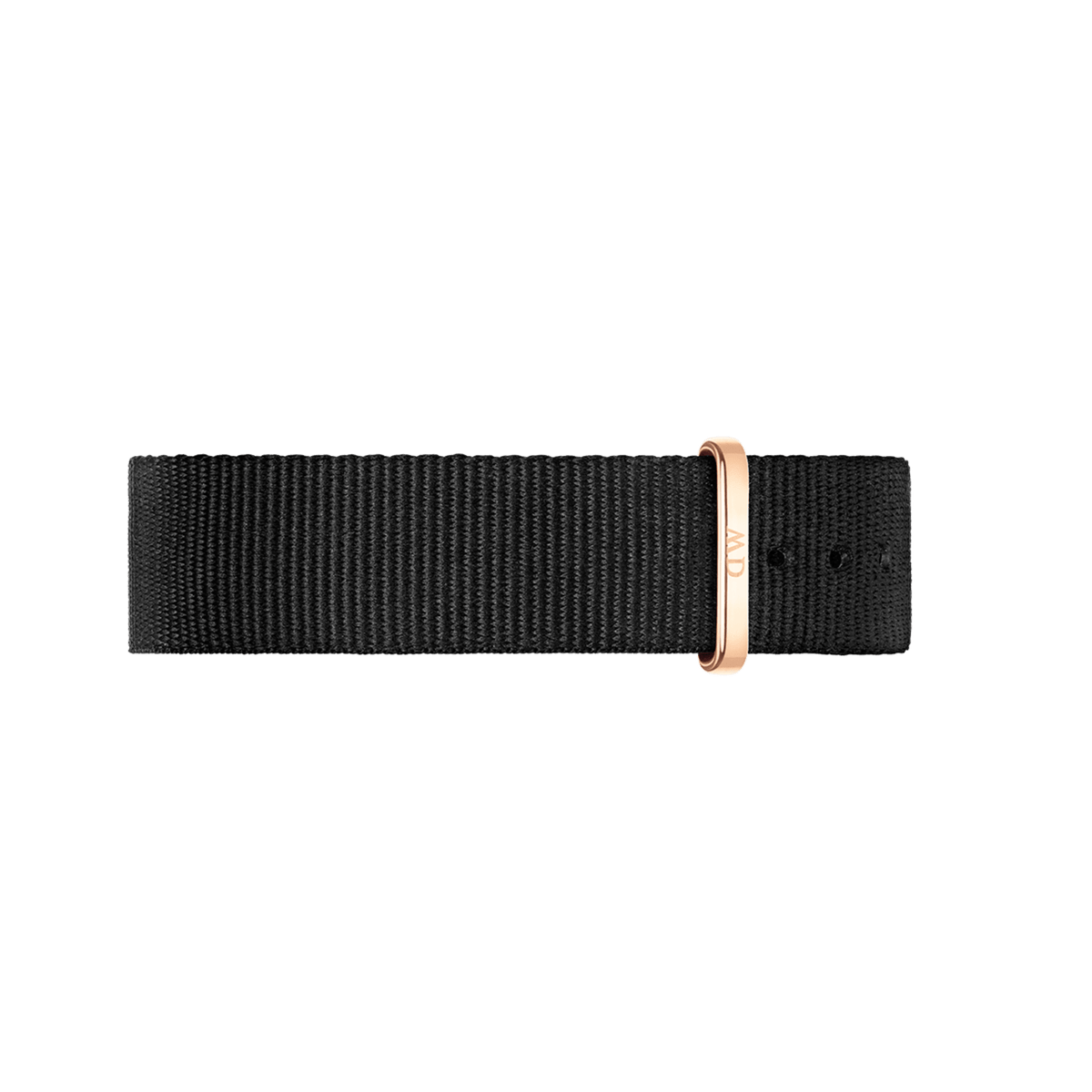 Black NATO strap made from durable polyester with rose gold metal buckle from the Daniel Wellington Classic Cornwall.
