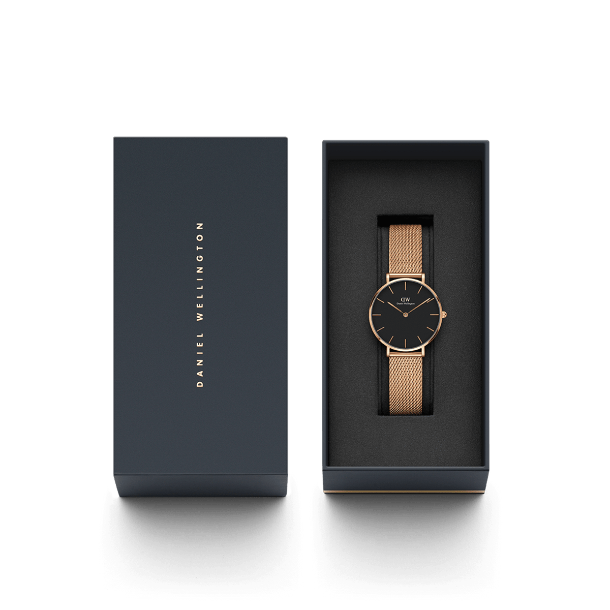 Daniel Wellington Petite Melrose women's watch with black dial and rose gold mesh strap in an elegant gift box.