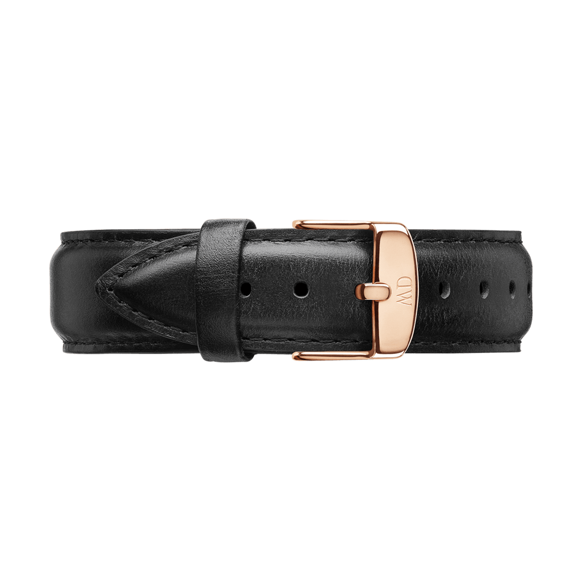 Black leather strap by Daniel Wellington with rose gold pin buckle and fine stitching, suitable for the Classic Sheffield watch.