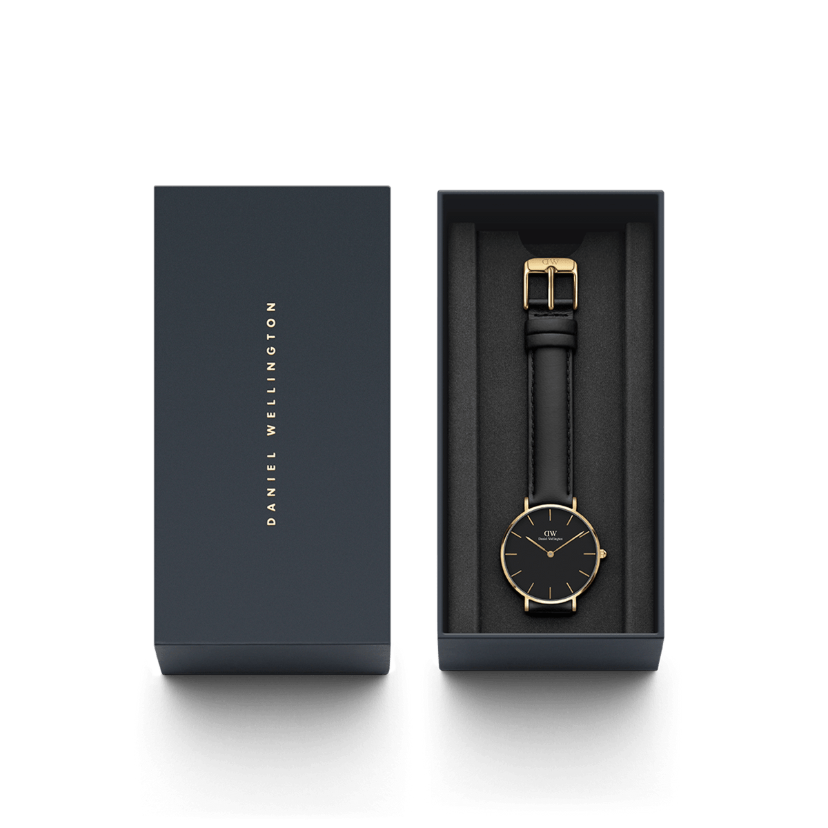 The Petite Sheffield Gold women's watch with black leather strap and gold-coloured case is presented in an elegant Daniel Wellington gift box.