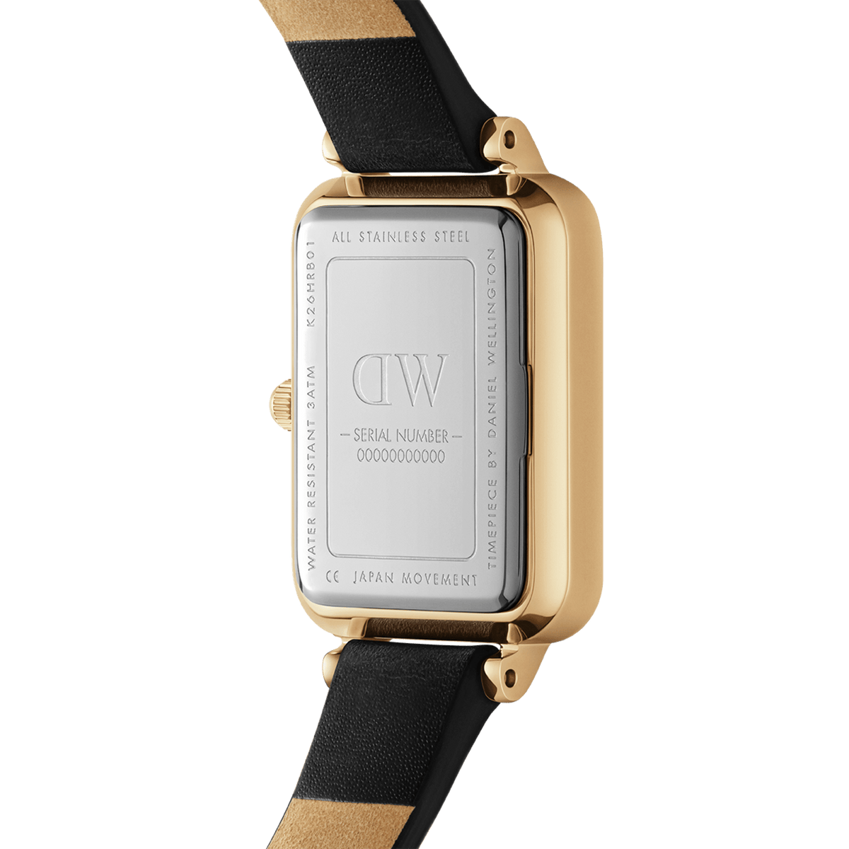 Back of the Quadro Pressed Sheffield Gold women's watch with engraved stainless steel case back, gold-coloured case, and black leather strap.