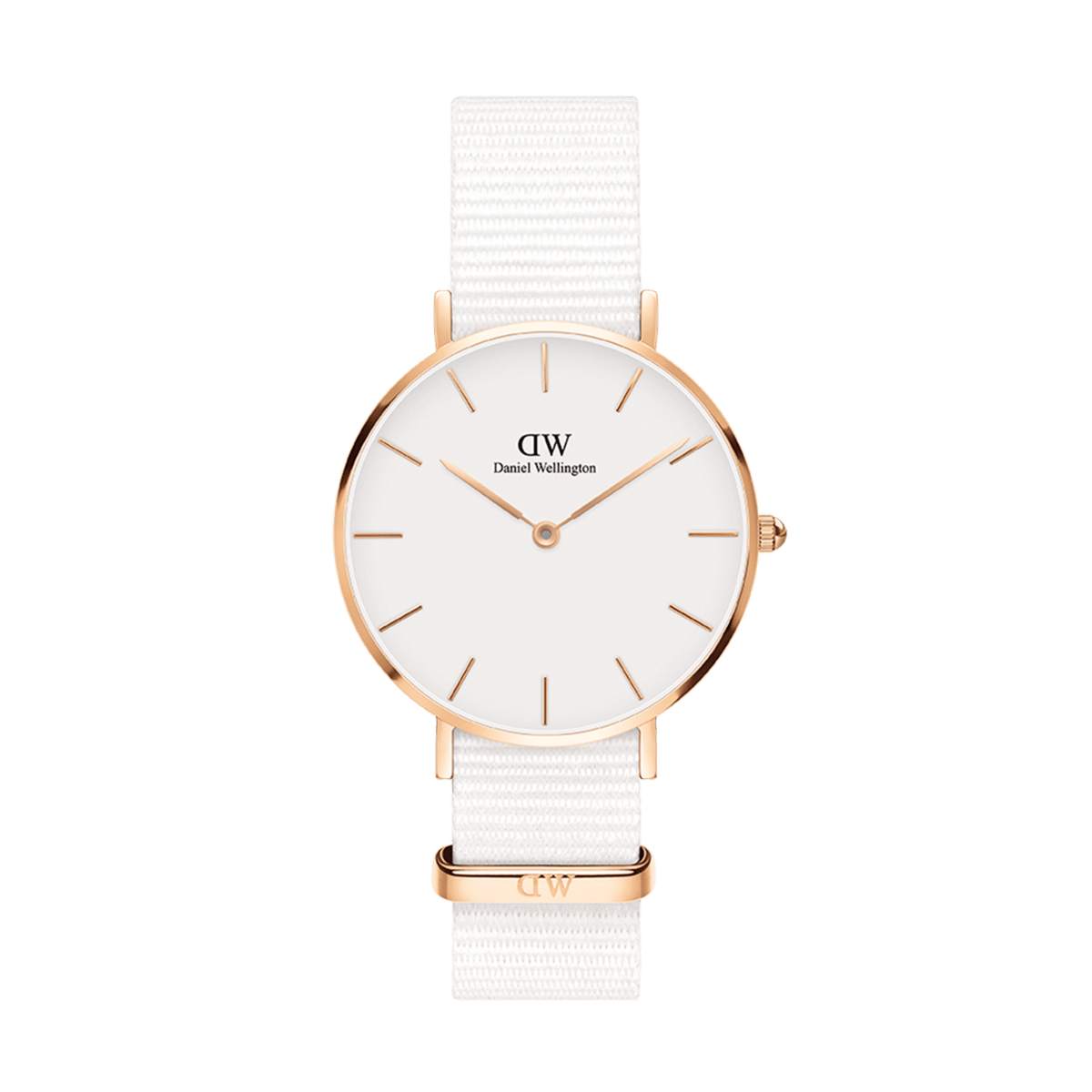 Elegant women's watch Petite Dover by Daniel Wellington with a rose gold stainless steel case, white dial, and white NATO strap made of polyester.
