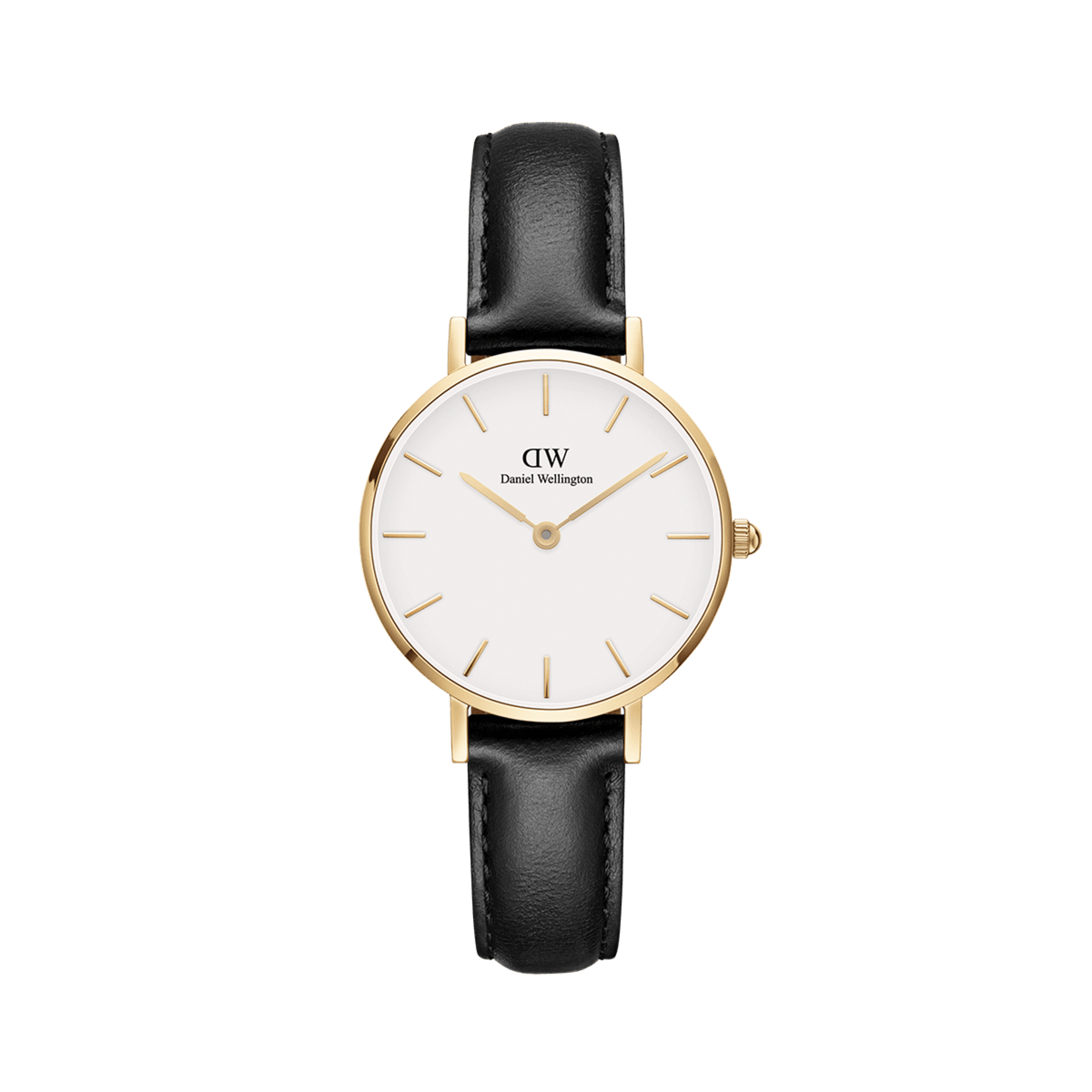 Elegant women's watch with gold-coloured case, minimalist white dial and black leather strap.