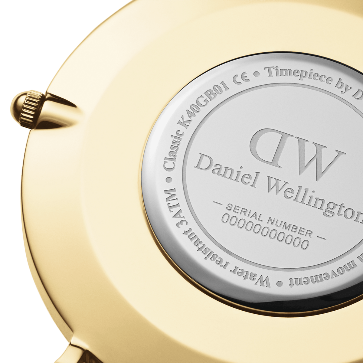 Close-up view of the engraved case back of the Classic St Mawes Gold watch by Daniel Wellington with serial number and 3 ATM water resistance.