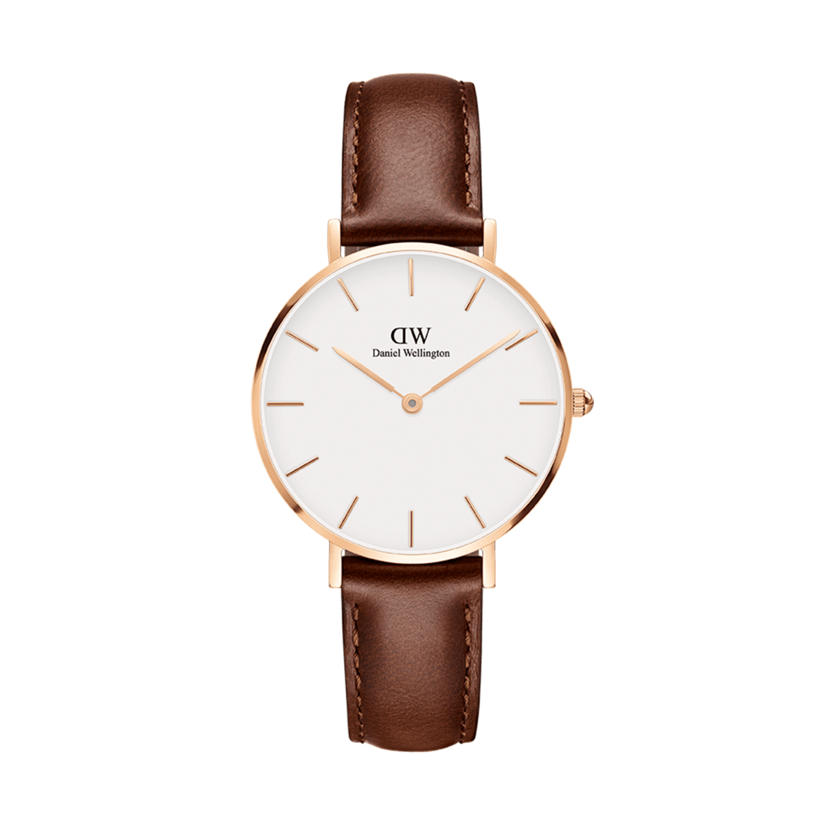 Elegant women's watch with a slim rose gold case, white dial, and brown leather strap in a minimalist design.