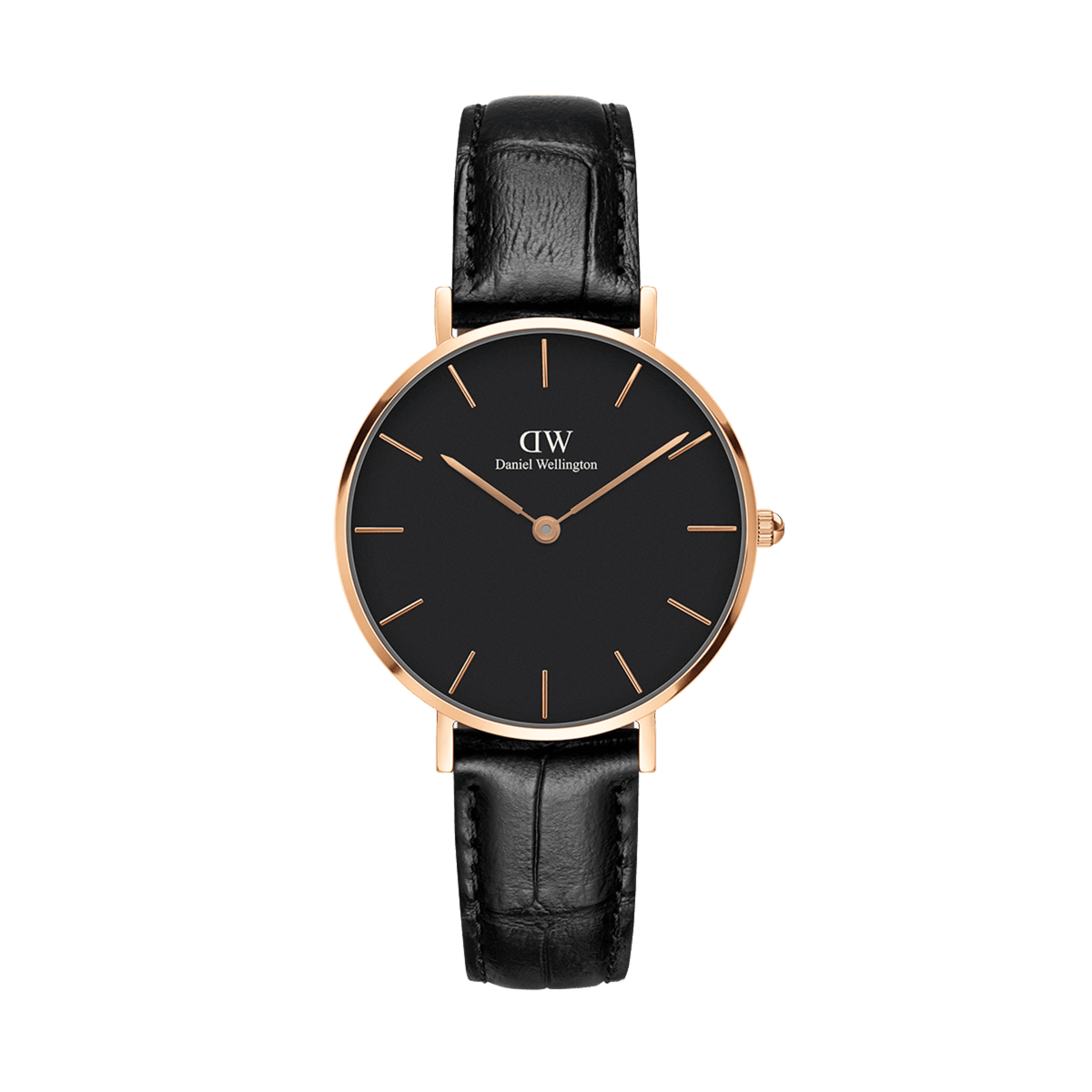 El reloj Daniel Wellington Petite Reading presenta una esfera negra, caja en oro rosa y correa de piel negra con textura grabada sobre fondo blanco.
