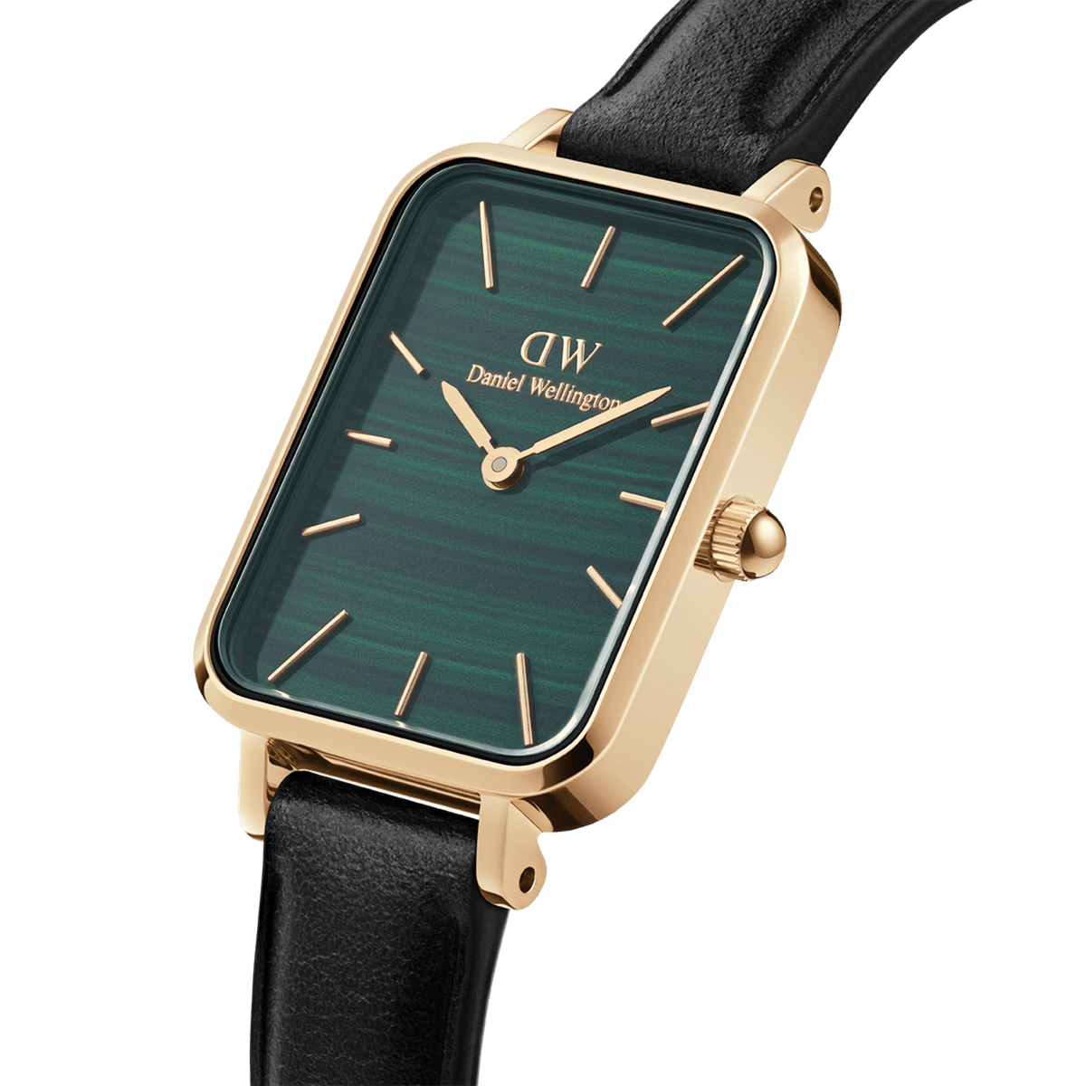 Rectangular women's watch with a gold-coloured stainless steel case, deep green malachite-style dial, and black leather strap.