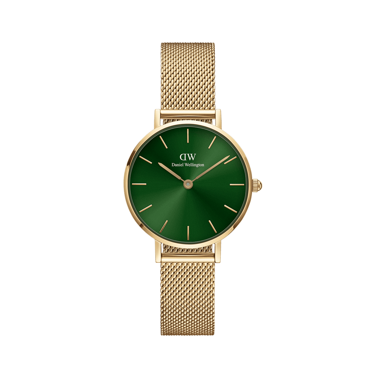 Gold women's watch with fine mesh strap and round green sunray dial by Daniel Wellington.