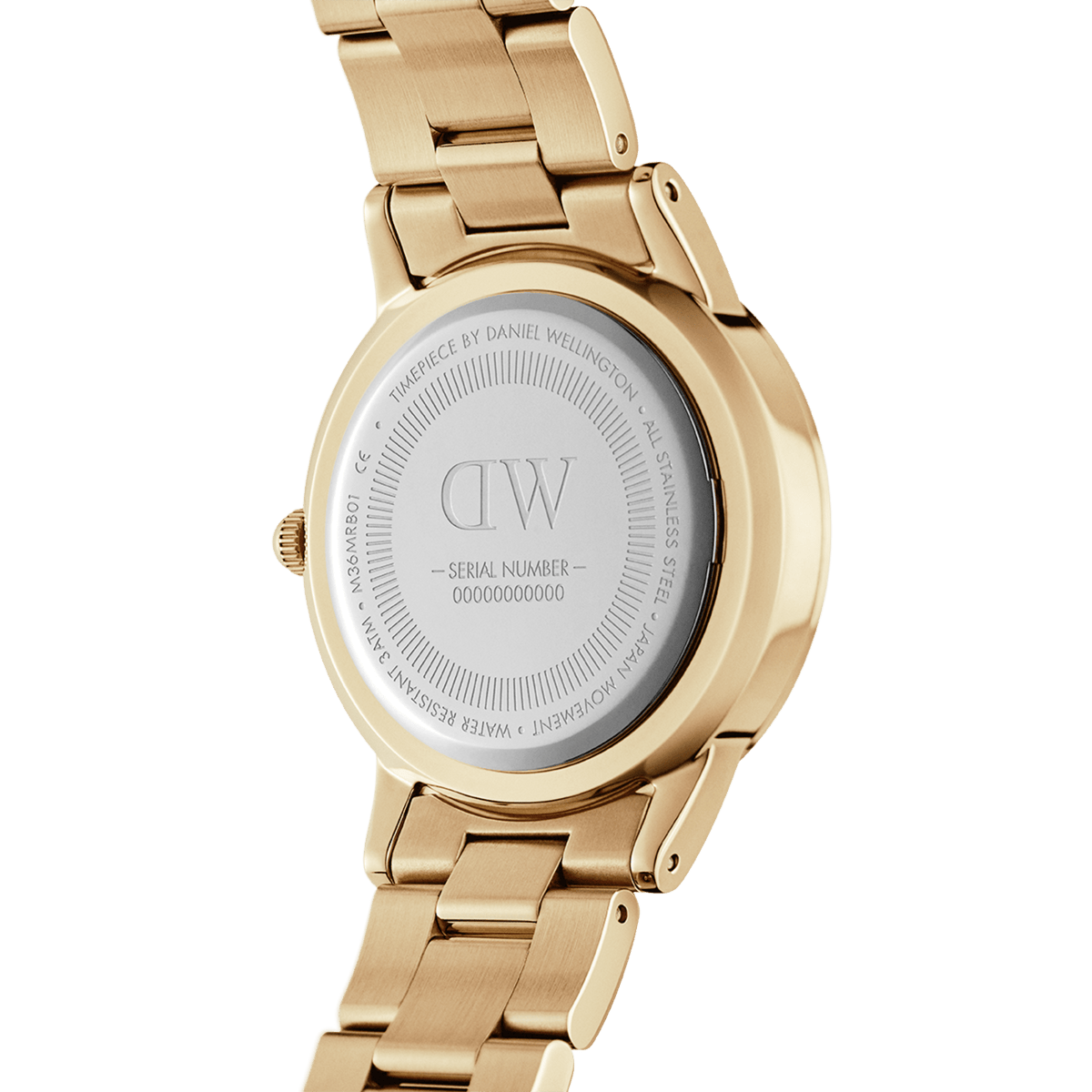 Back view of the gold Daniel Wellington Iconic Link Unitone G women's watch with stainless steel case back, engraved logo and link bracelet.