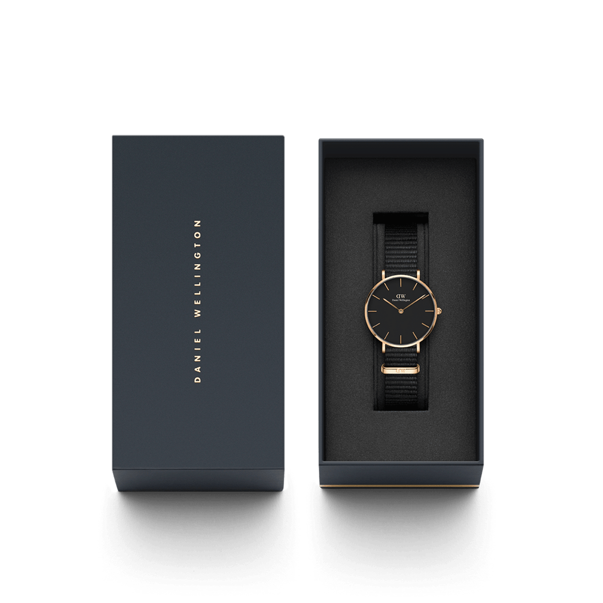 Daniel Wellington Petite Cornwall Rose Gold ladies' watch with black NATO strap in an elegant gift box.