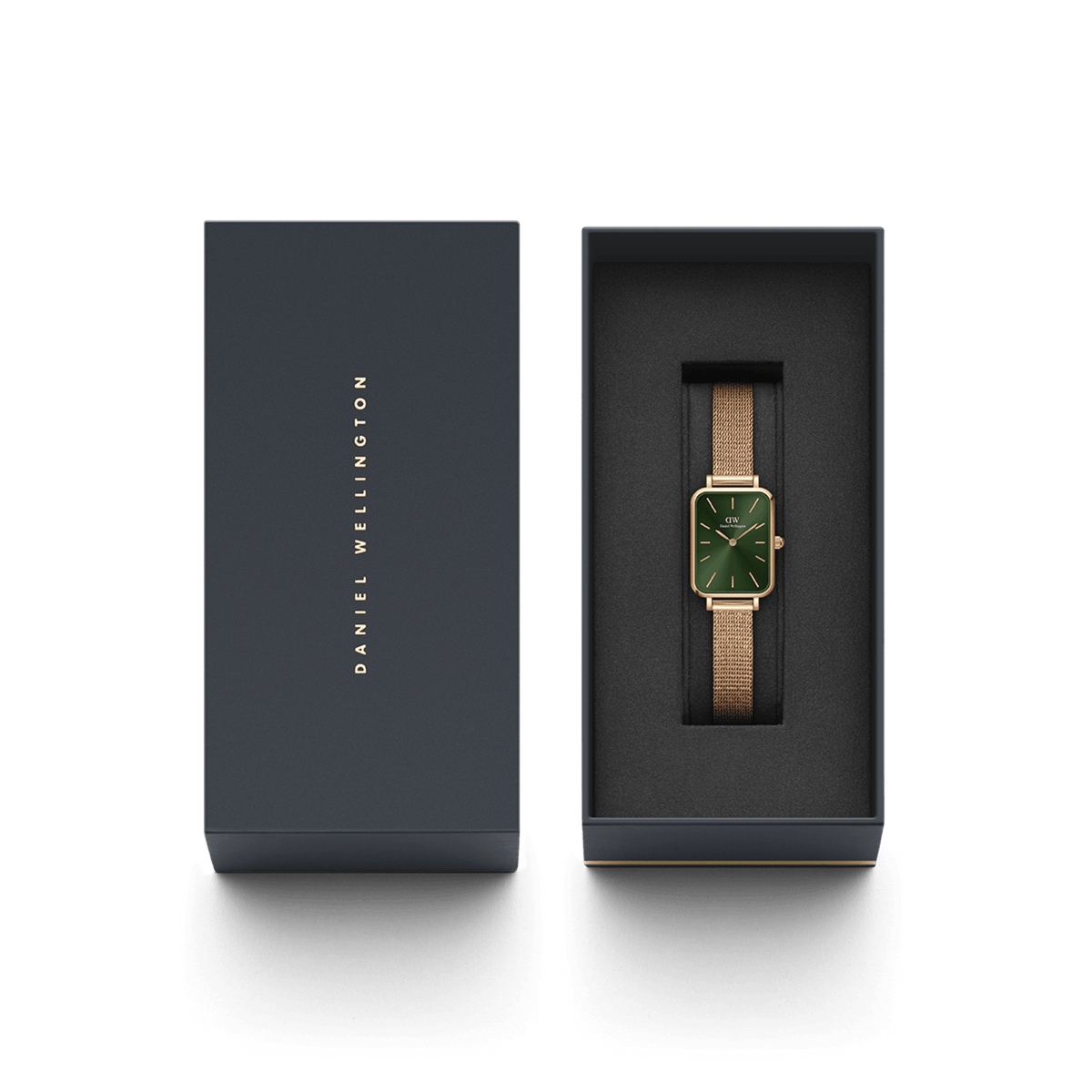 Quadro Pressed Melrose Emerald women's watch with green dial and rose gold mesh strap in an elegant Daniel Wellington gift box.