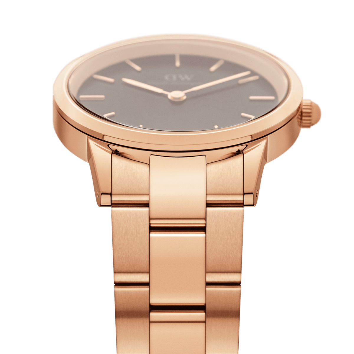 Side close-up of the Daniel Wellington Iconic Link ladies' watch with a rose gold stainless steel bracelet and a black dial.