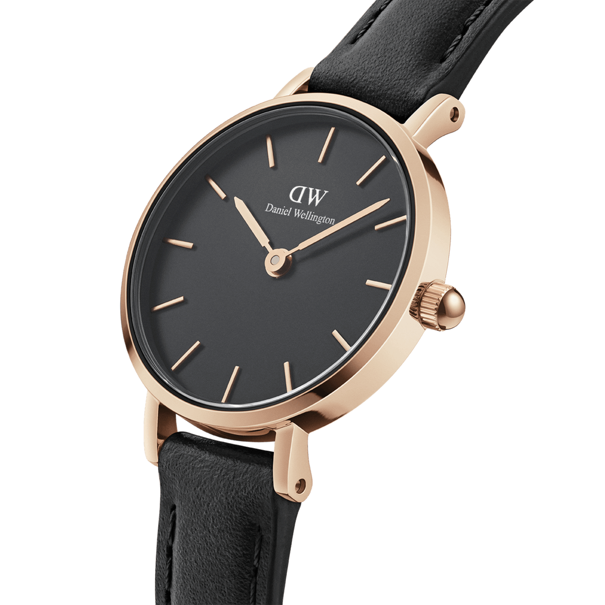Vista lateral del reloj Petite Pressed Sheffield Black Rose Gold que muestra la caja pulida en oro rosa, la corona estriada y el detalle de la correa de piel negra con costuras.