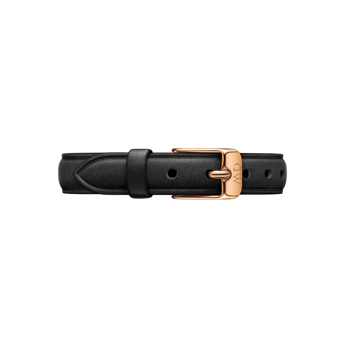 Black leather strap of the Quadro Pressed Sheffield with an elegant rose gold pin buckle and subtle branding.
