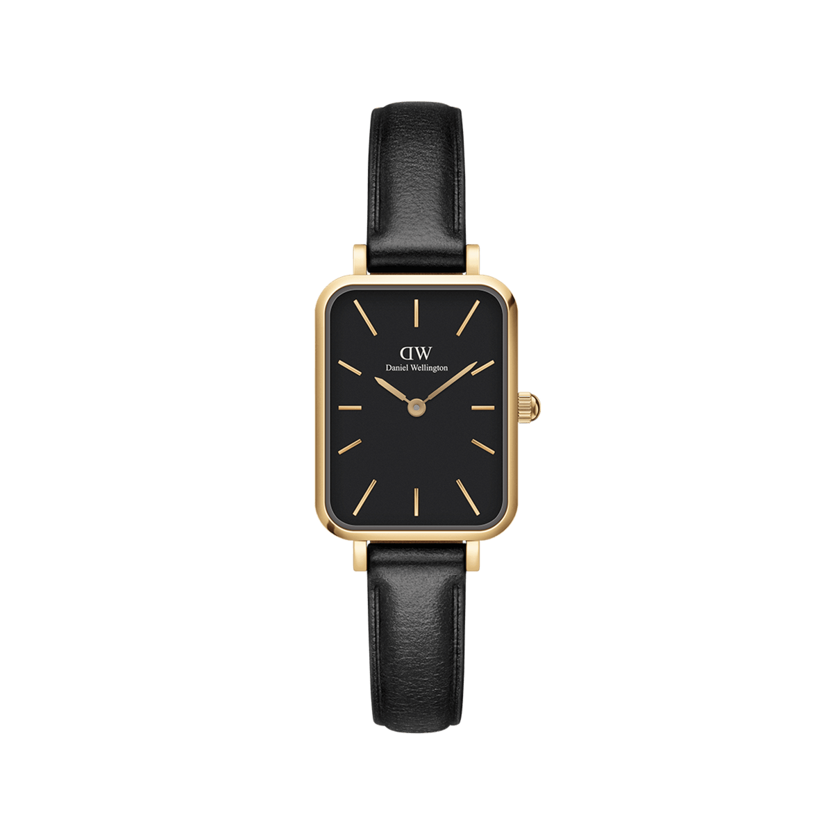 Elegant women's watch with a rectangular, gold-coloured stainless steel case, black dial, and fine black leather strap.