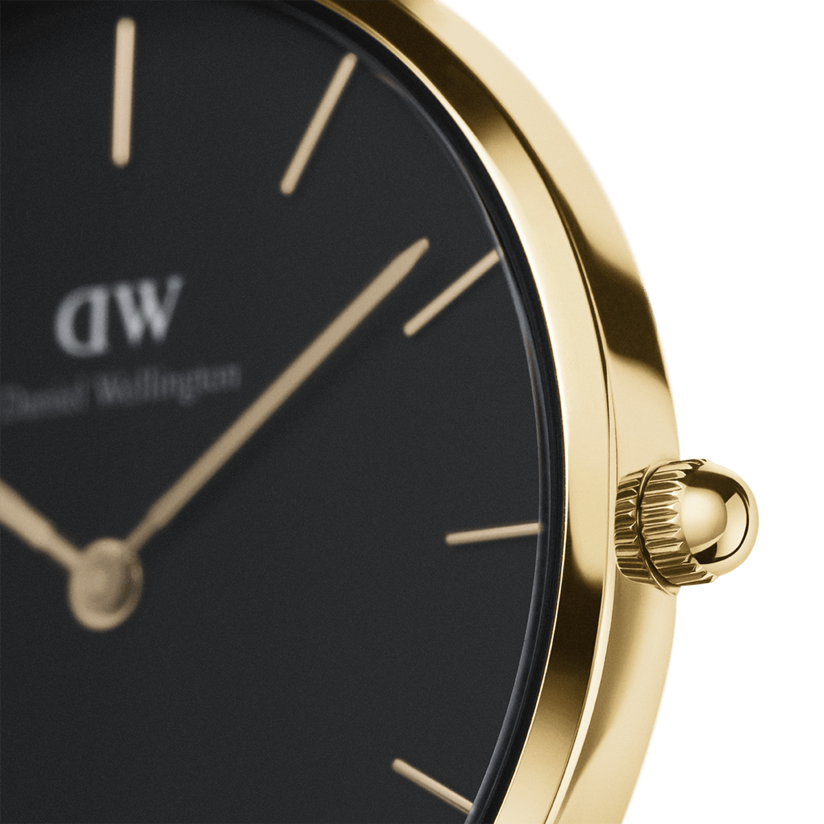 Close-up of the gold-coloured stainless steel case of the Petite St Mawes Gold women's watch with black dial and delicate gold hands.