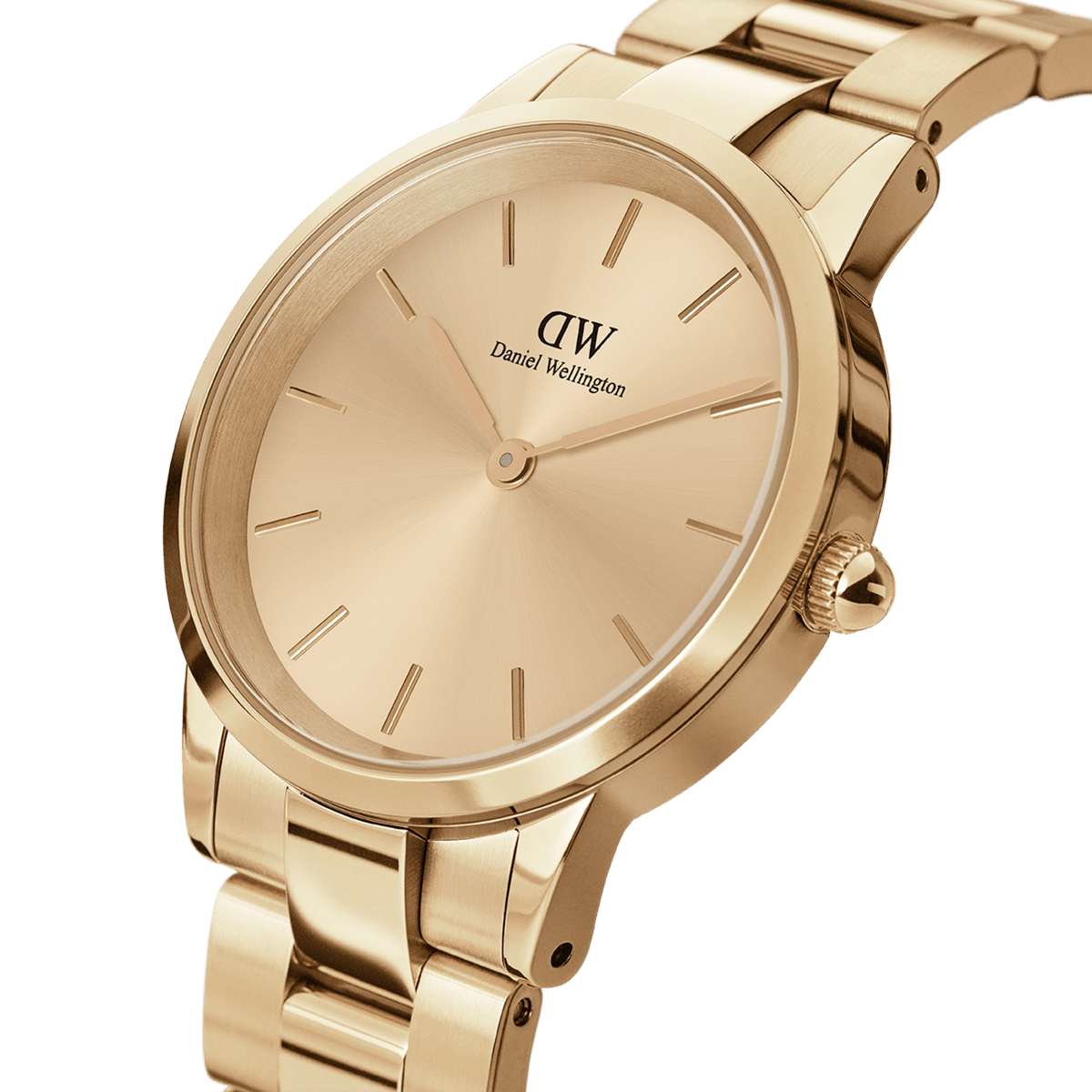 Close-up view of the gold Daniel Wellington Iconic Link Unitone G women's watch with a minimalist dial and polished stainless steel bracelet.