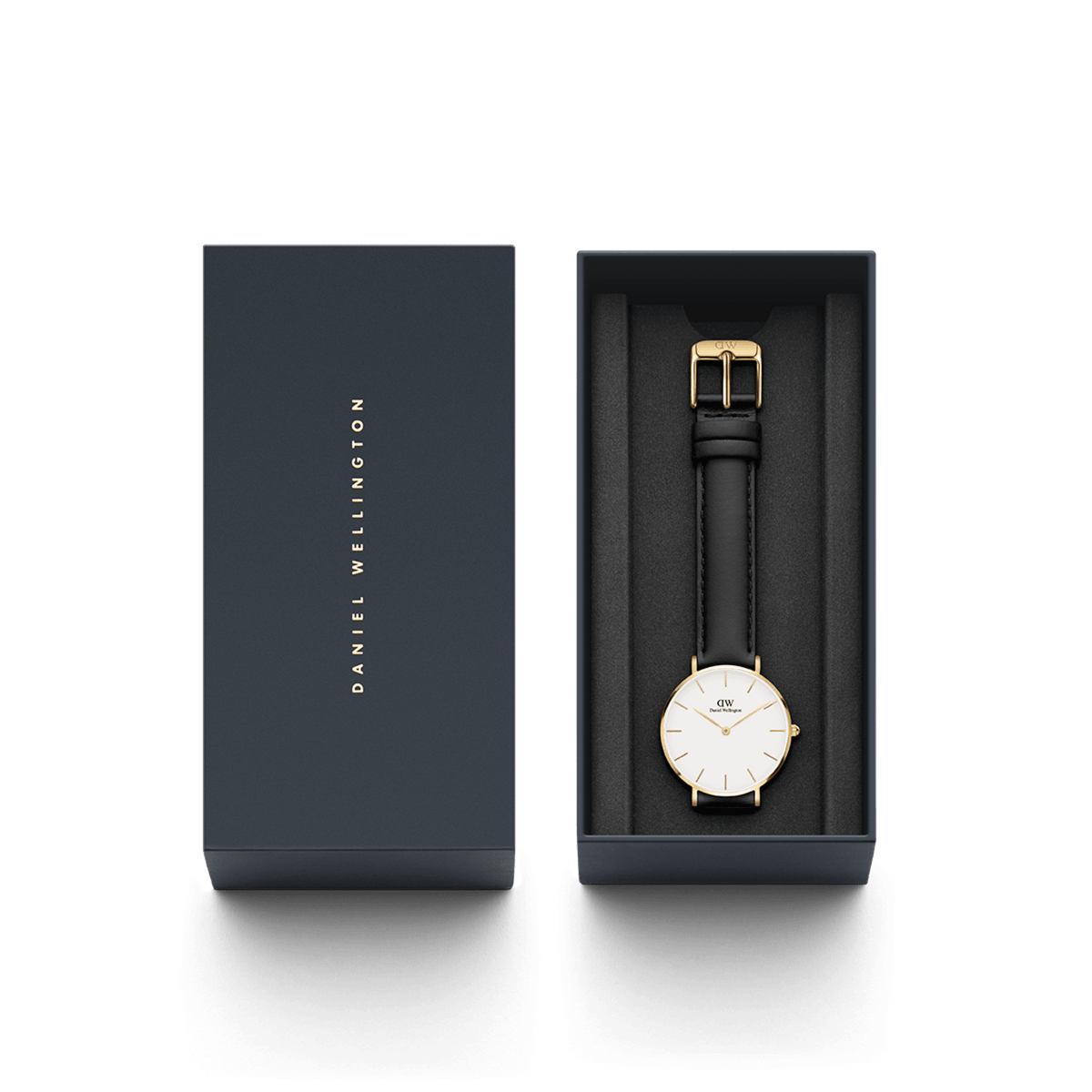 The Petite Sheffield Gold women's watch with black leather strap and gold-coloured case is presented in an elegant Daniel Wellington gift box.
